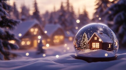 Winter Cabin Encapsulated in Snow Globe Amidst Illuminated Village at Dusk..