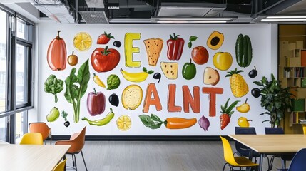 Modern cafeteria with colorful wall art featuring fruits, vegetables, and letters, complemented by bright chairs and natural light. AI generative.