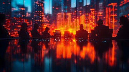 Corporate leaders at a strategic session, vector illustration, background with blurred stock chart for benchmarking highlights