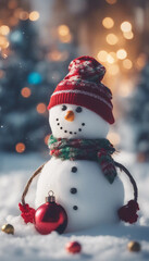 A cheerful snowman adorned with festive Christmas decorations in a snowy landscape capturing the hol
