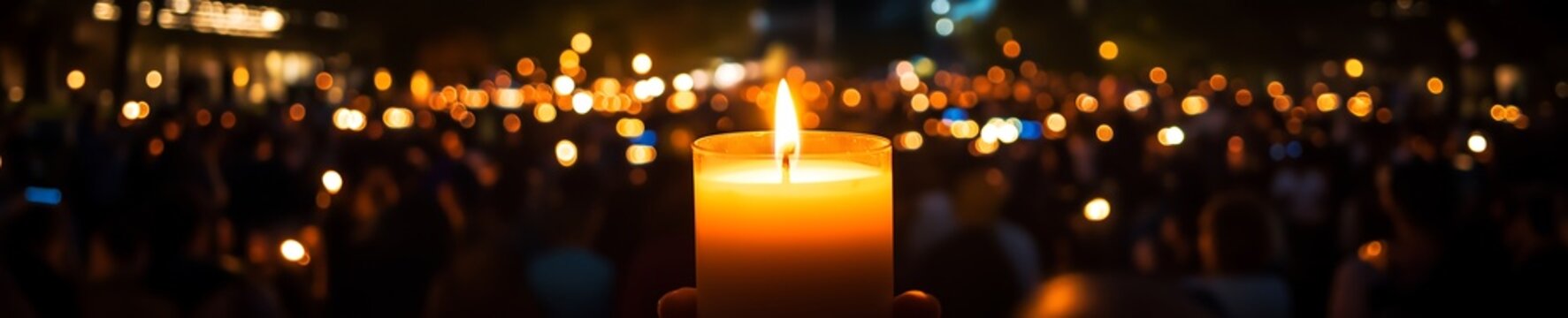 A diverse crowd holds candles during a nighttime vigil, symbolizing hope and solidarity.