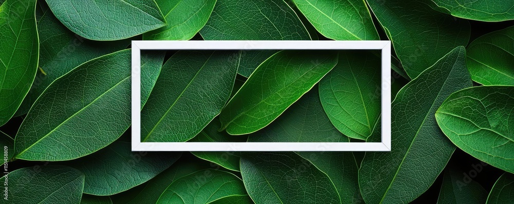 Poster tropical frame concept. fresh green leaves with a blank frame for text or design overlay.