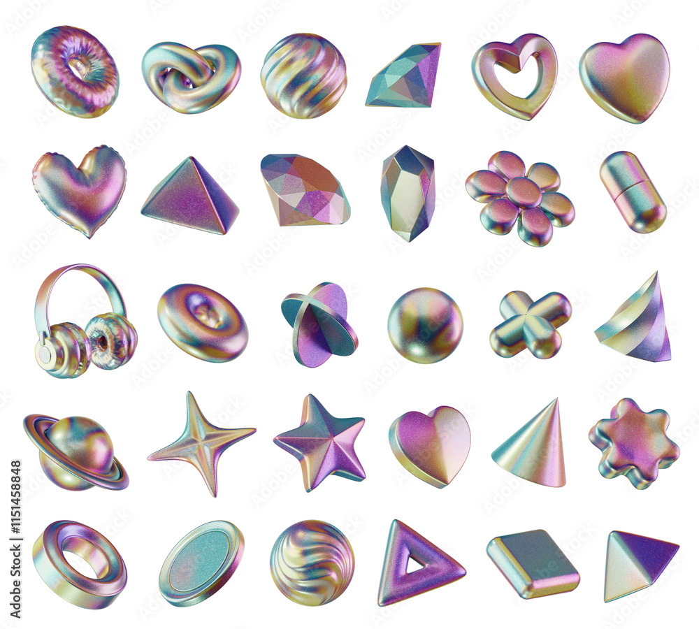 Poster holographic element set pack isolated background 3d rendering