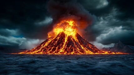 Fototapeta premium Erupting Volcano with Lava Flowing and Dark Stormy Clouds Above