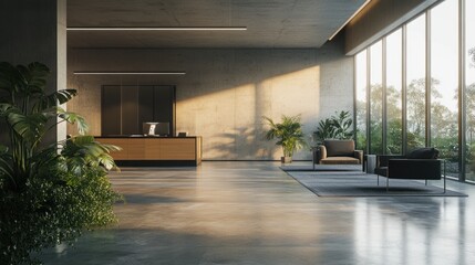 Obraz premium Serene Modern Office Lobby with Sunlight and Greenery