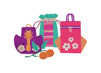 Korean lucky bags decorated with flowers pattern, tassels vector composition with fruits, traditional Asian gifts purses