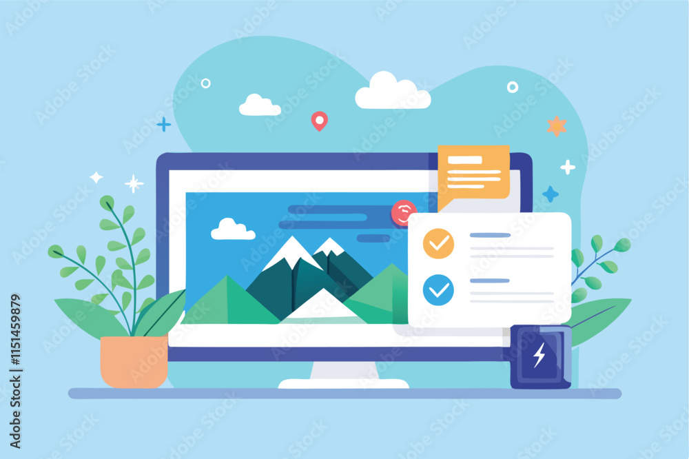 Poster vector illustration depicting a modern workspace with a computer displaying a banner design, showcas