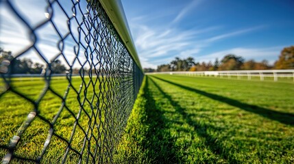 Close-Up of Chain-Link Fence with Vibrant Green Grass and Blue Sky in a Sunny Park Setting