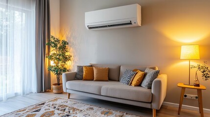 Cozy Modern Living Room with Air Conditioner and Warm Lighting for Comfortable Home Environment