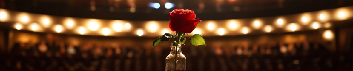 Obraz premium A vibrant red rose in a glass vase stands elegantly on a stage, set against blurred lights and audience.