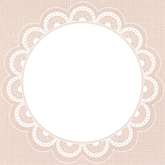 Vintage lace frame, white doily on beige background