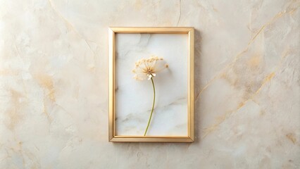 A Delicate Dried Flower in a Gold Frame Against a Marble Background
