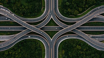 Fototapeta premium Aerial view of a complex highway interchange with multiple overpasses and roads intersecting. 