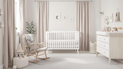 Serene Nursery Design: A minimalist nursery with a white crib, a rocking chair, a changing table, and a neutral color palette, perfect for creating a calming and cozy space for your little one.