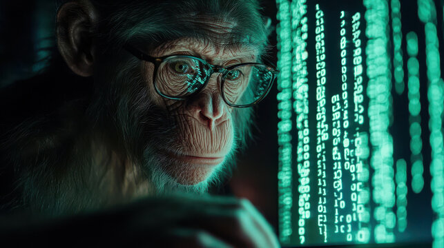 thoughtful monkey wearing glasses interacts with digital data