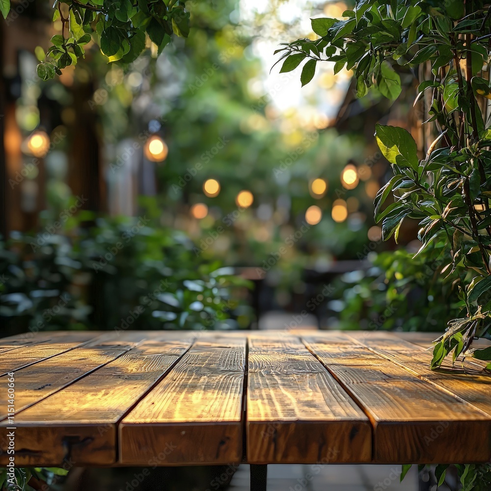 Poster empty wooden table in a cozy outdoor cafe. sunlight filters through the leaves creating a warm and i