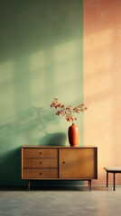 minimalist interior with wooden sideboard and vase against green and peach wall