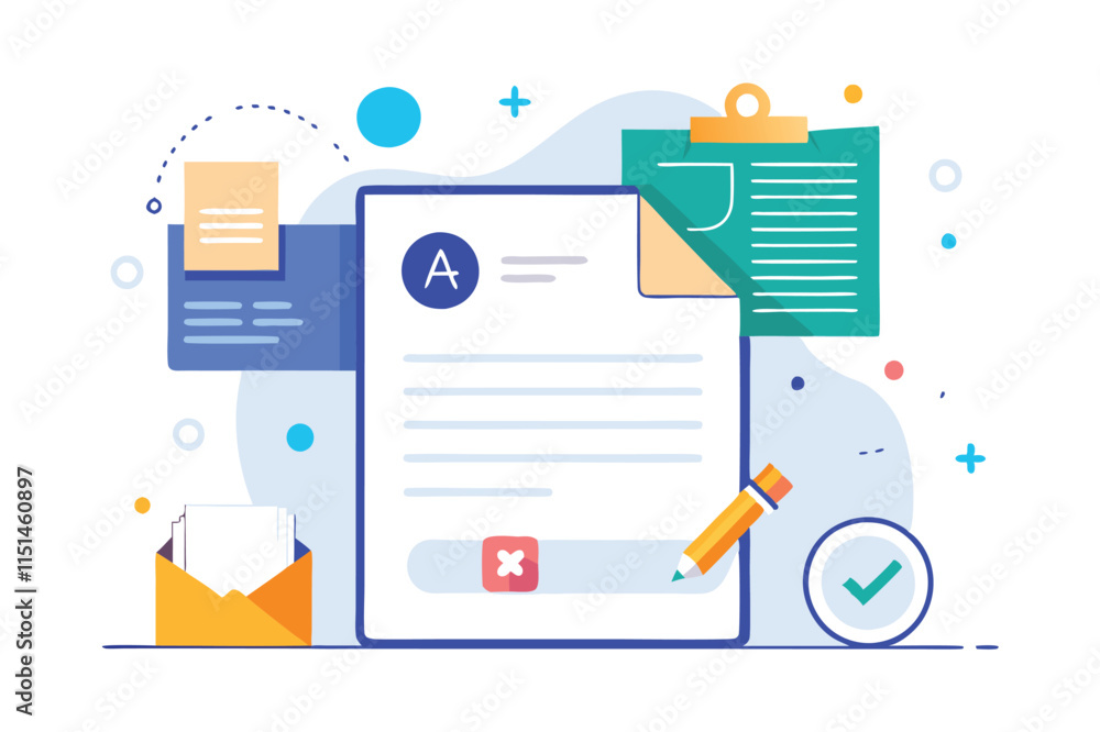 Poster creative digital workspace showcasing design elements and project details in a clean vector style