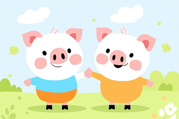 Naklejka premium Two cartoon piglets standing in a grassy field on a sunny day. The playful and colorful scene is perfect for children’s content and storytelling.