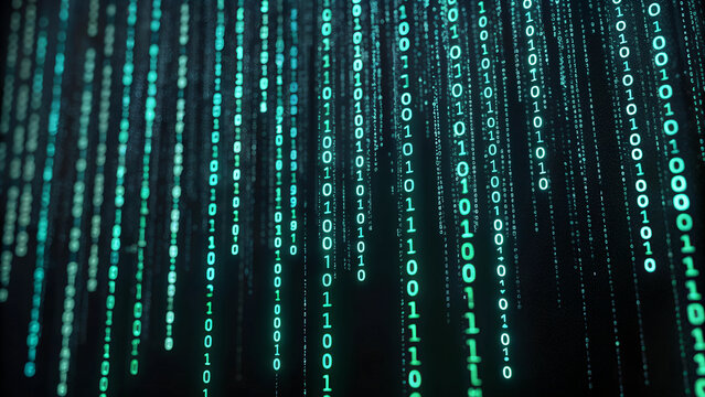 Cascading binary code creating a digital data rain effect, ideal for cyber and futuristic backgrounds