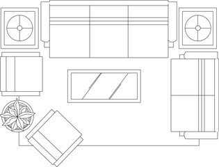 vector sketch, silhouette illustration, interior design drawing, living room layout plan seen from above.eps