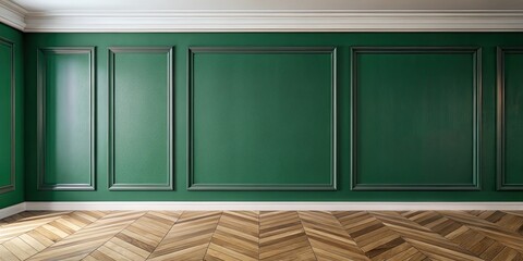 Elegant Green Wall Paneling and Herringbone Wood Floor Interior Design © Kukar Studio