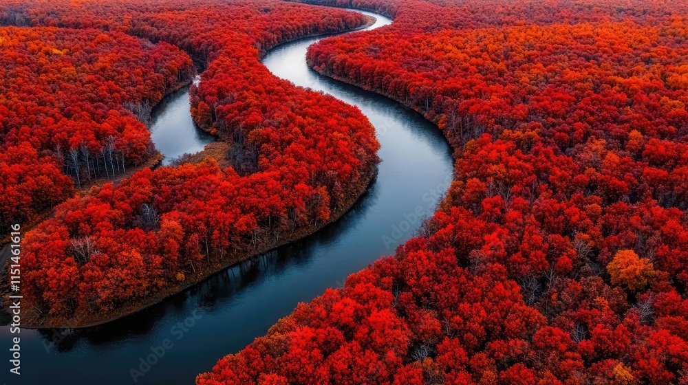 Poster aerial view forest idea. aerial view of a winding river surrounded by vibrant fall foliage in vivid 