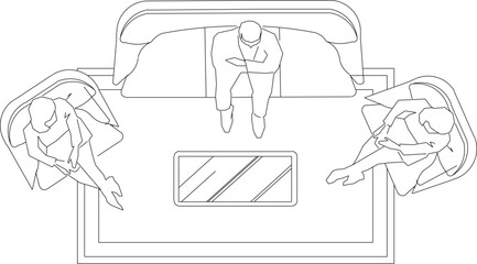 vector sketch, silhouette illustration, interior design drawing, living room and family room layout plan seen from above with table and chair furniture.eps