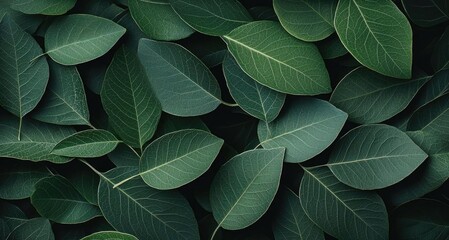 Obraz premium Tropical frame concept. A close-up view of lush green leaves showcasing their vibrant textures and colors.