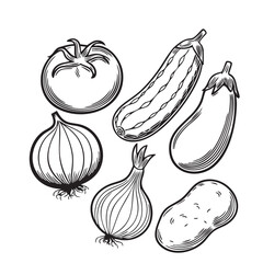 Black-and-white line art illustration of vegetables, including tomato, onion, cucumber, potato, and eggplant