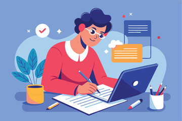 Young person studying at a desk with plants, notebook, and binder during a quiet evening