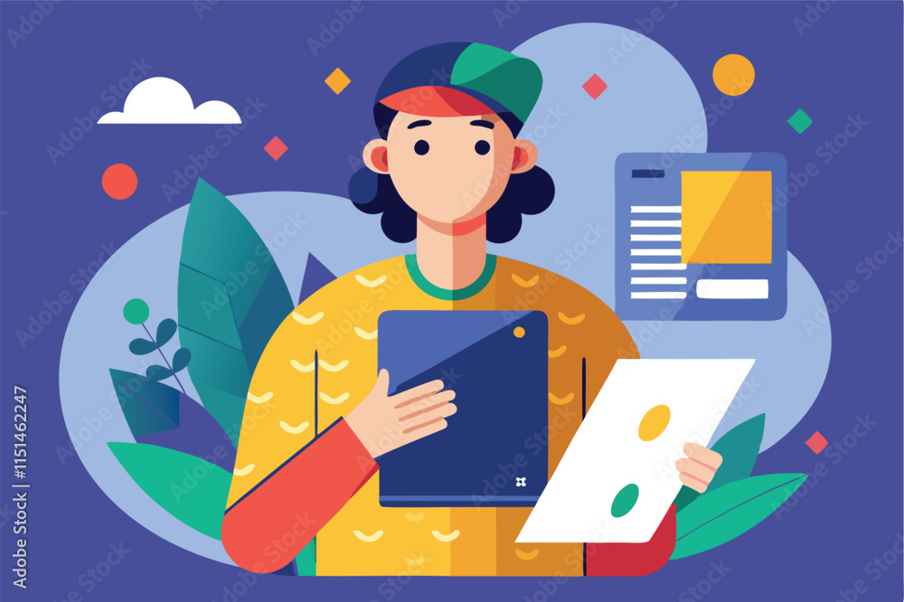 Leinwandbilder young man holding a folder while surrounded by colorful geometric shapes and productivity elements i