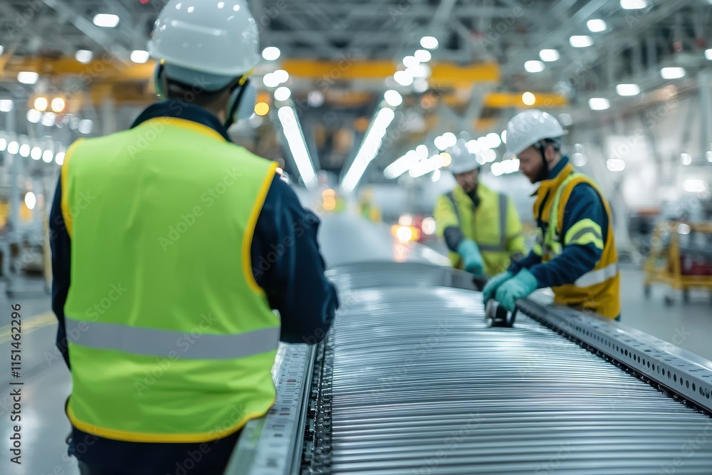 Poster conveyor belt airport loading operations concept. workers in safety vests and helmets operate machin