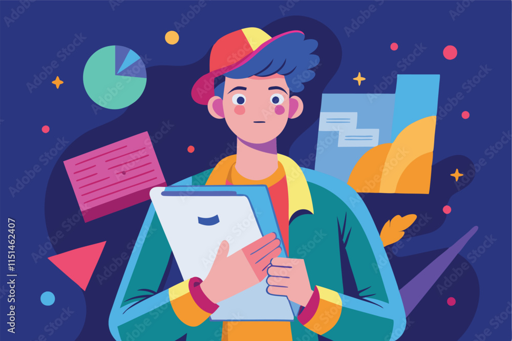 Poster young man holding a folder while surrounded by colorful geometric shapes and productivity elements i