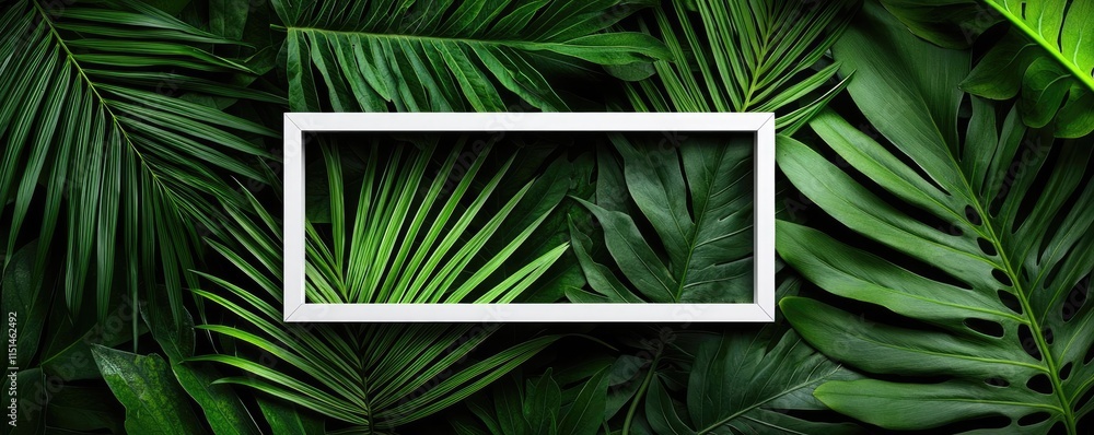 Poster tropical frame concept. a vibrant arrangement of tropical leaves with a blank frame for image overla