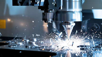 CNC Milling Machine Performing High-Speed Precision Laser Cutting of Metal Components in an Industrial Setting