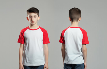 boy wearing a white and red short-sleeve raglan t-shirt mockup front and back used as design template