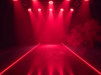 Illustration of a fashion show runway, red lights and neon lamps in smoke, black background, long podium perspective, focus cover all object new image