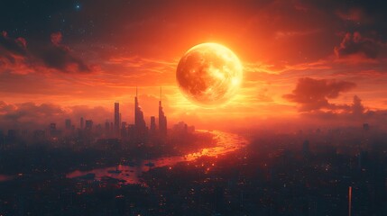 Crimson Sunset Over Futuristic Cityscape Giant Moon