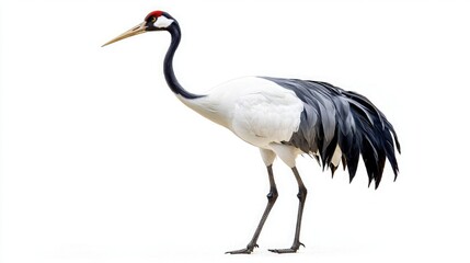 Obraz premium A graceful crane stands tall, showcasing its striking black and white feathers and distinctive red crown against a plain background.