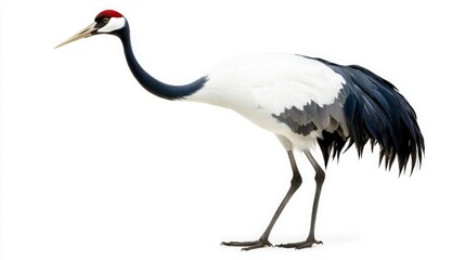 Obraz premium A striking black-and-white crane with a red crown stands gracefully against a white background, showcasing its elegant posture and long legs.