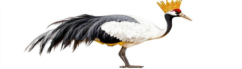 Naklejka premium A striking bird with a black and white body, adorned with a vibrant yellow crown, showcasing unique plumage and elegance.