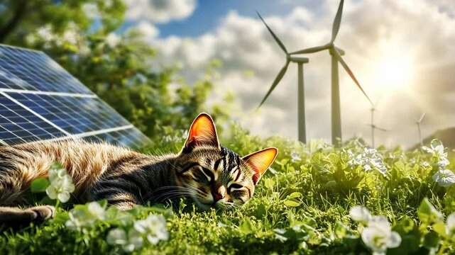 A lifelike portrayal of a cat lying on a grassy patch pic