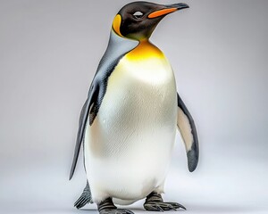 Obraz premium A regal penguin stands proudly, showcasing its distinctive black, white, and orange plumage against a neutral background.