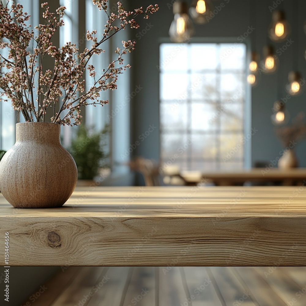 Poster a wooden table in a cozy cafe setting. a vase with delicate flowers adds a touch of nature. sunlight