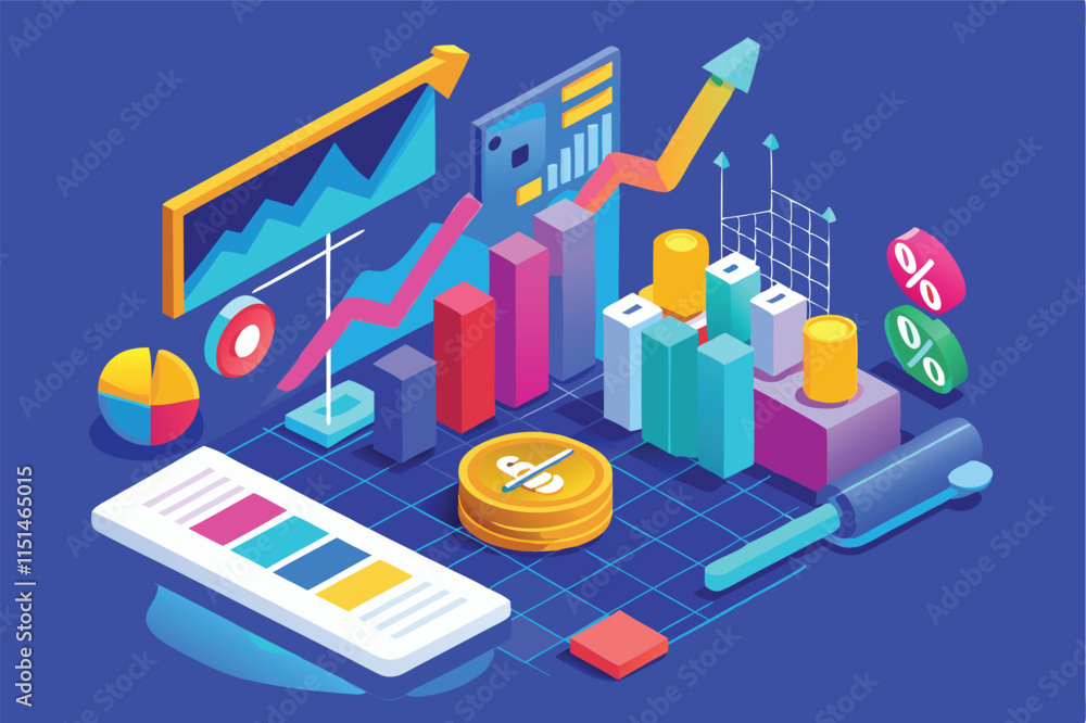 Poster stylized vector representation of financial data analysis with colorful charts and graphs for busine