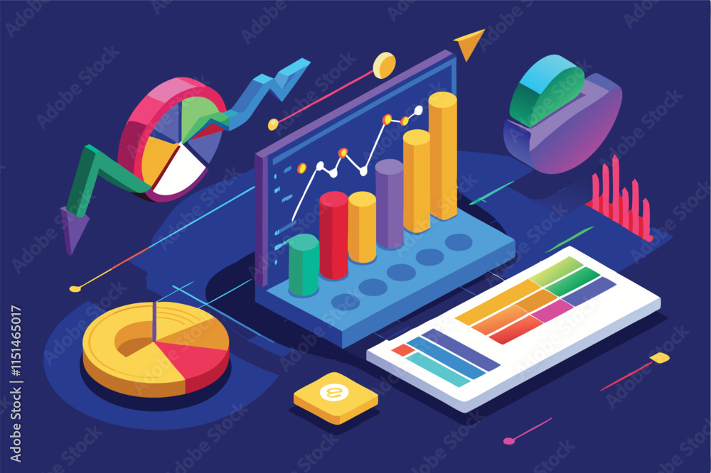 Poster stylized vector representation of financial data analysis with colorful charts and graphs for busine
