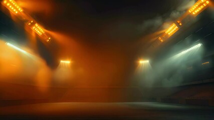 A dramatic sports arena illuminated by orange and blue lights amidst fog.