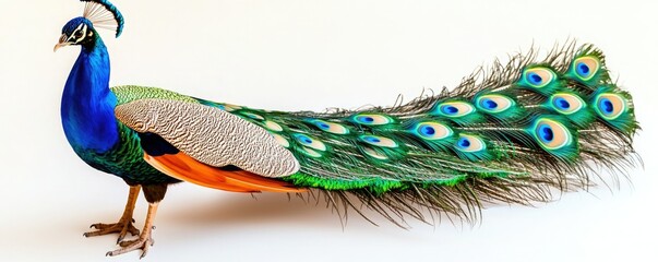 A vibrant peacock showcasing its colorful plumage with striking blue and green feathers, standing elegantly against a plain background. © WACHI