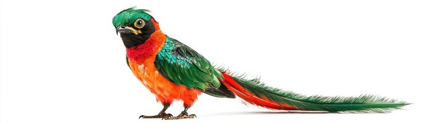 Fototapeta premium A vibrant, colorful bird with a long tail, featuring green, red, and orange plumage, showcasing its striking beauty.